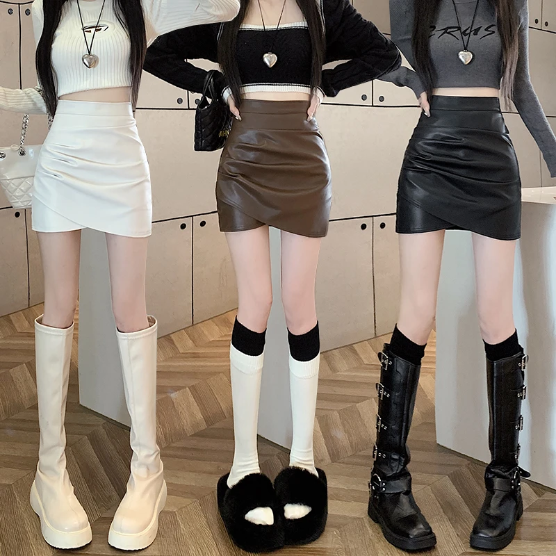 高腰不规则褶皱pu皮裙半身裙女秋冬新款百搭显瘦A字包臀裙短裙子