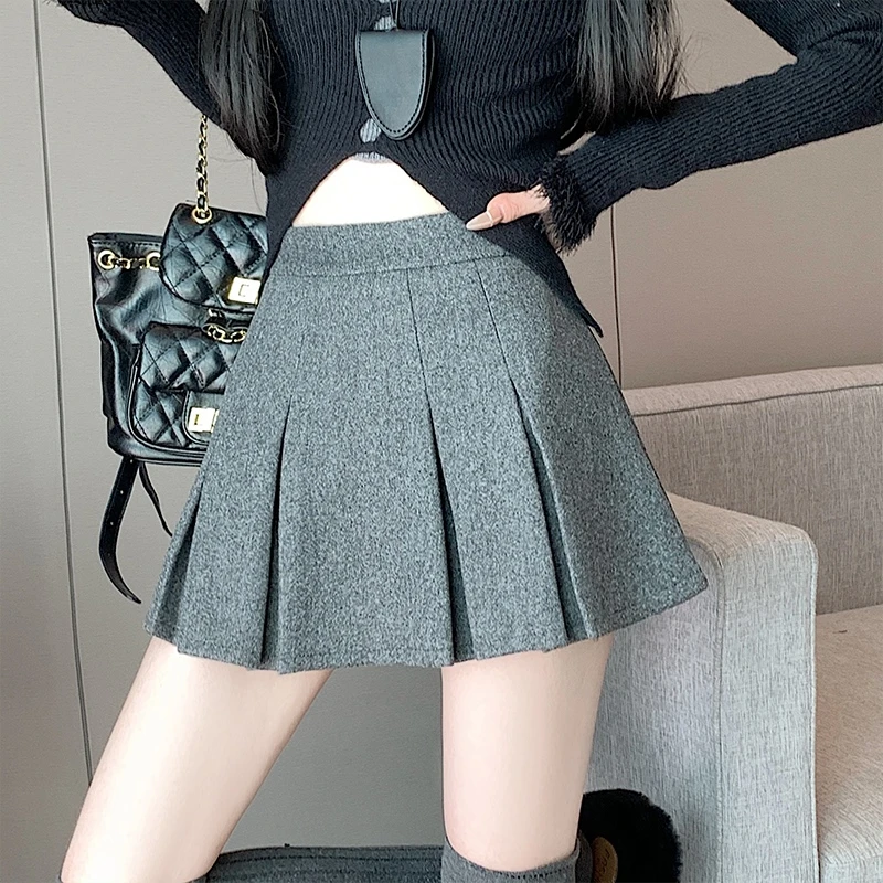 复古毛呢半身裙春季加厚短裙高腰显瘦辣妹防走光纯色a字百褶裙子