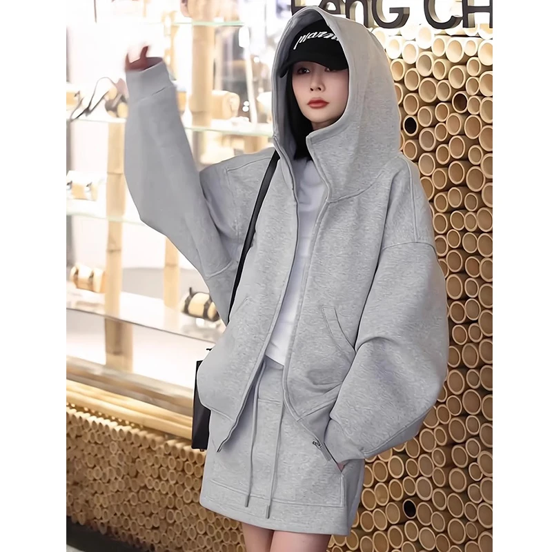 高级感炸街欧货灰色卫衣短裙套装女春秋休闲宽松美式运动服两件套