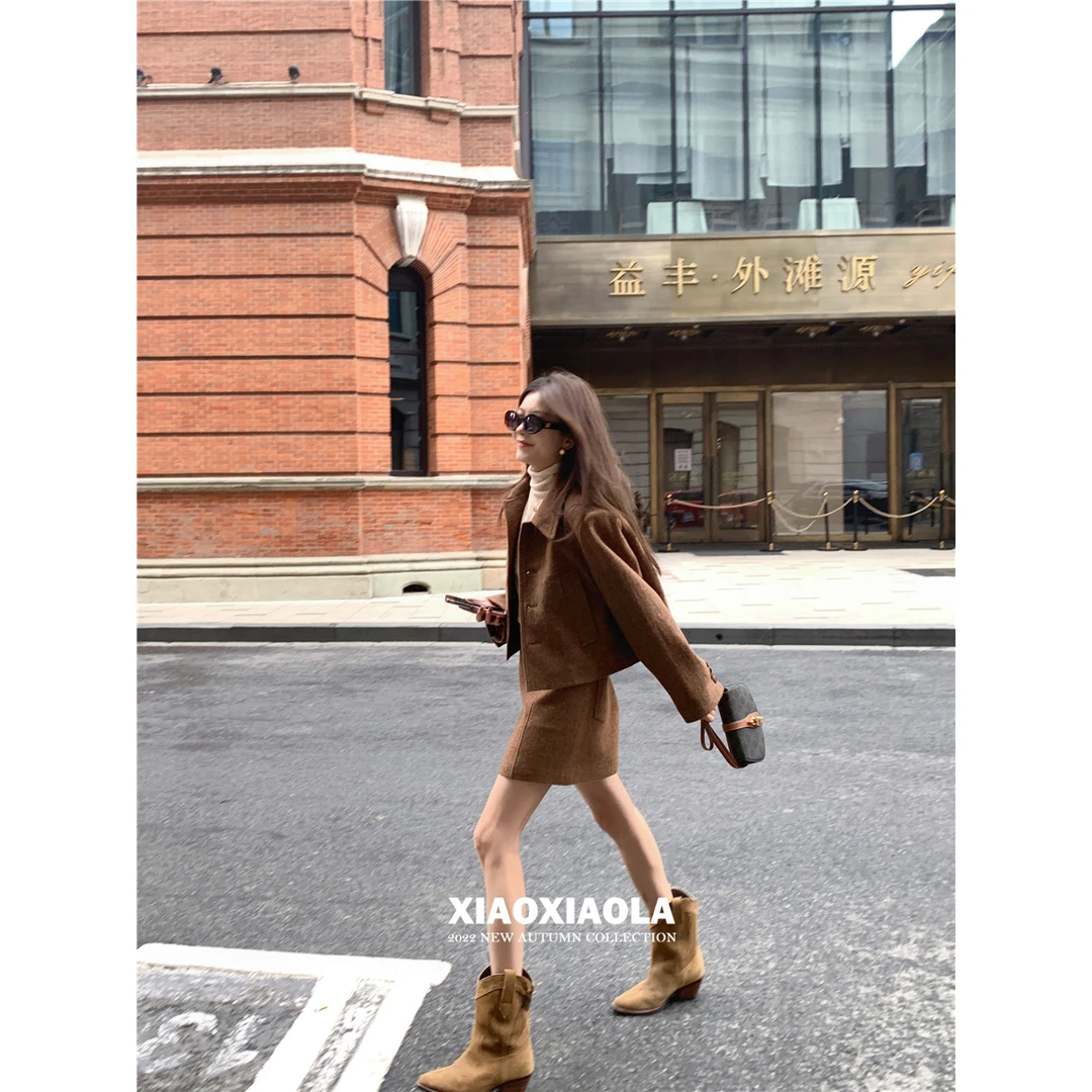 高级感时尚半身裙两件套女小个子休闲气质显瘦毛呢外套短裙小香风