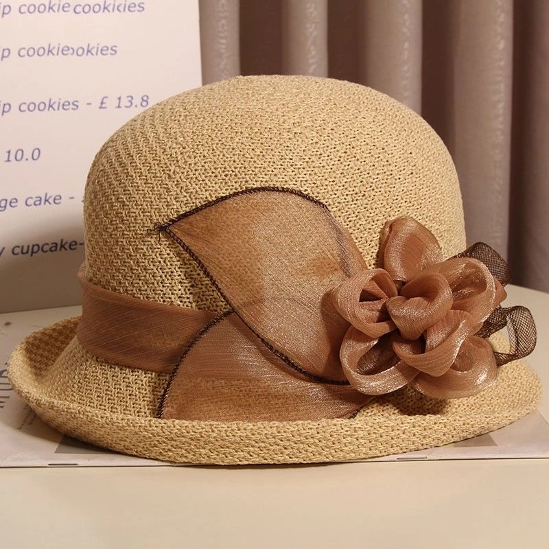 46夏季卷边遮阳帽子女新款欧根纱花朵礼帽短檐盆帽渔夫帽草帽女