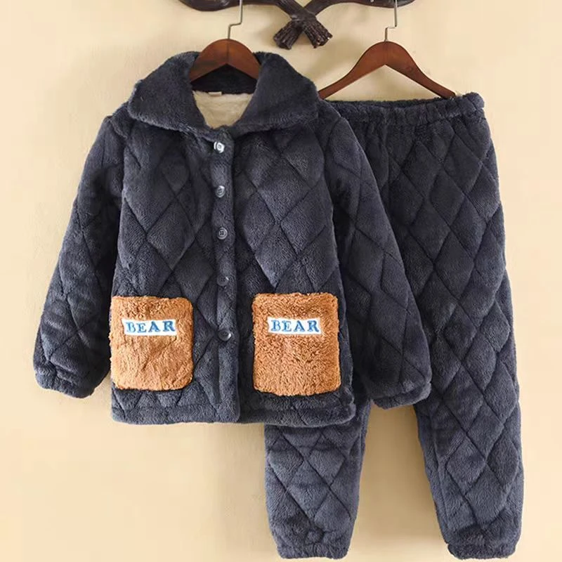 儿童睡衣冬季男孩加厚加绒三层夹棉中大童家居服B69