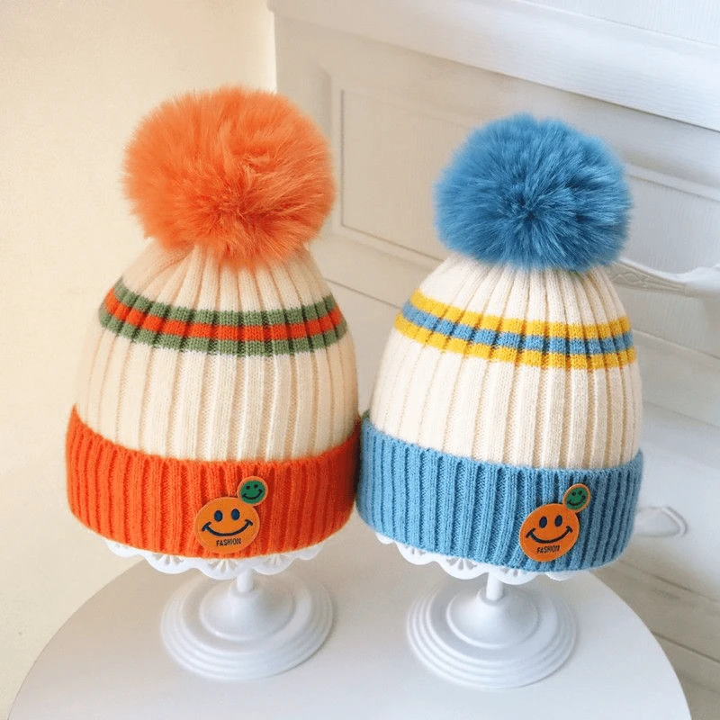冬季新款洋气宝宝帽子男童女童条纹撞色保暖针织帽子婴儿毛线帽潮