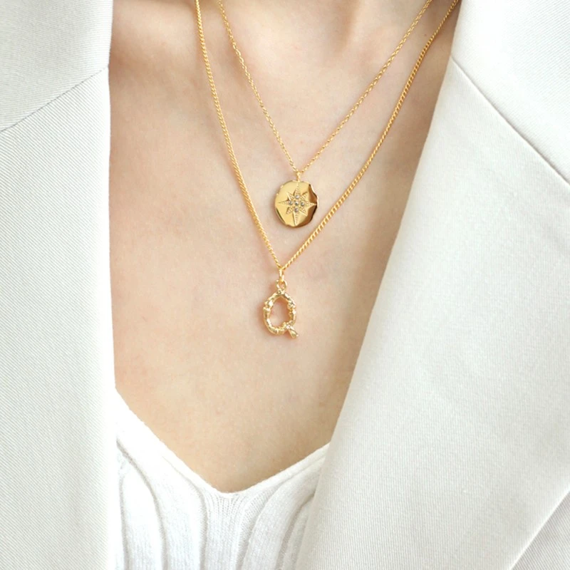 铜合金项链 冷淡风项链复古法式简约锁骨链 八芒星雕刻金币项链