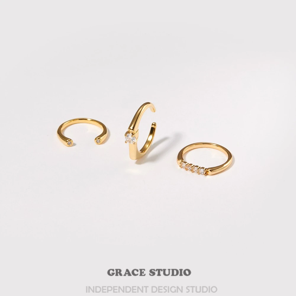 铜合金合成锆石戒指 精致超闪5A锆石叠戴戒指法式简约指环开口