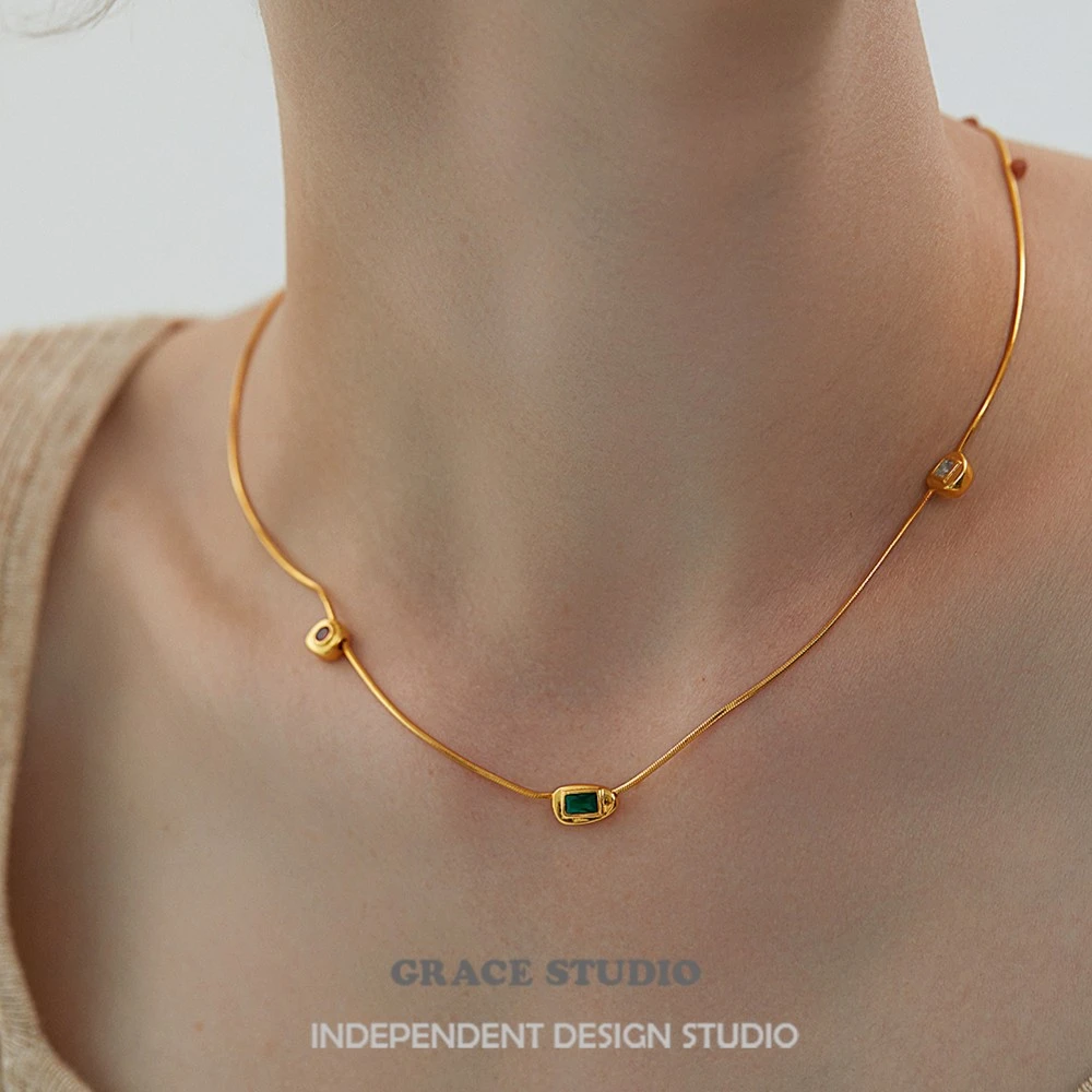 铜合金项链 法式复古vintage红绿宝石锁骨链轻奢小众叠戴项链女