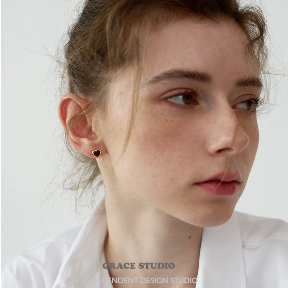 铜合金耳饰 复古彩色天然石爱心耳钉女精致迷你可爱小耳环耳饰