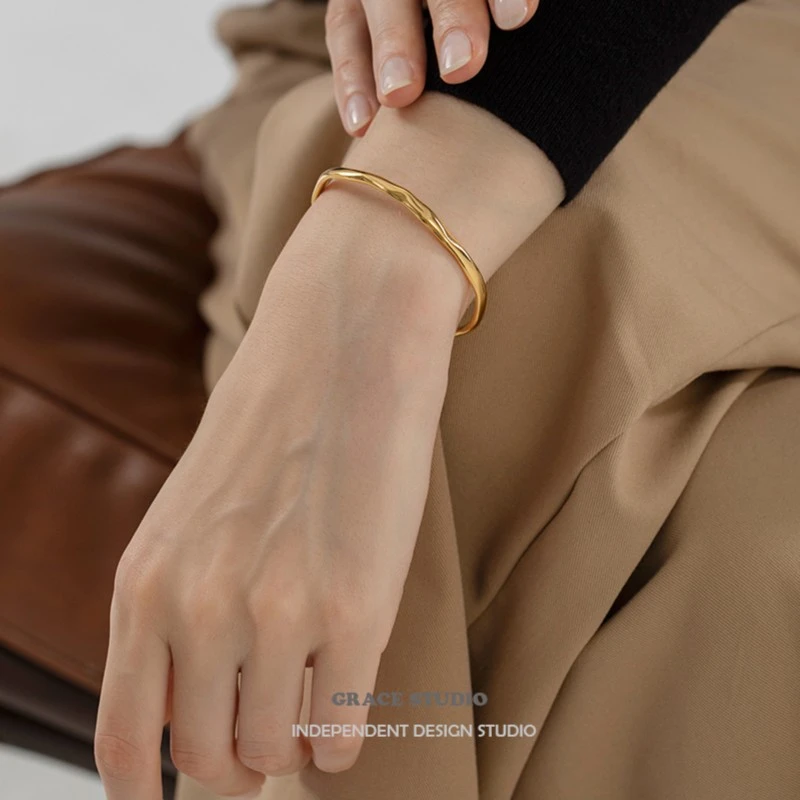 铜合金手镯  极简不规则线条金属手镯女冷淡风法式开口时髦手镯