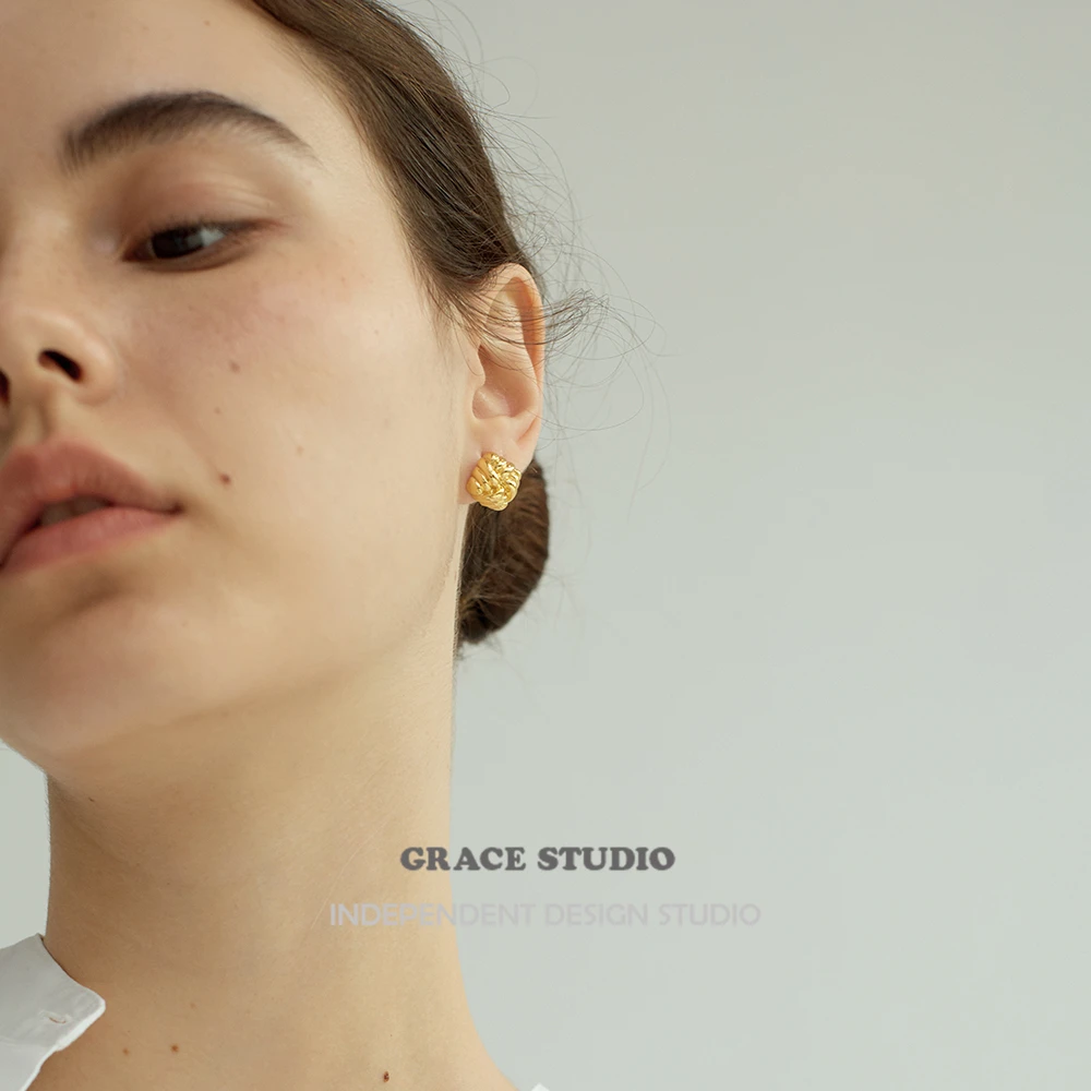 铜合金耳饰 复古文艺方形扭结金属耳钉vintage精致轻奢编织耳环