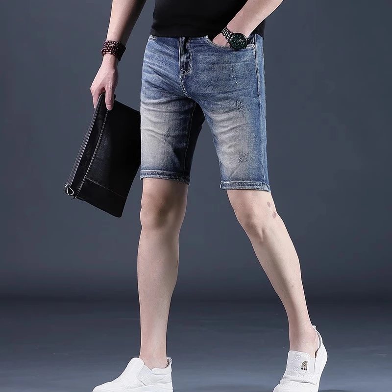 Cebrodz夏季薄款高端复古男士牛仔短裤休闲直筒修身百搭五分裤子