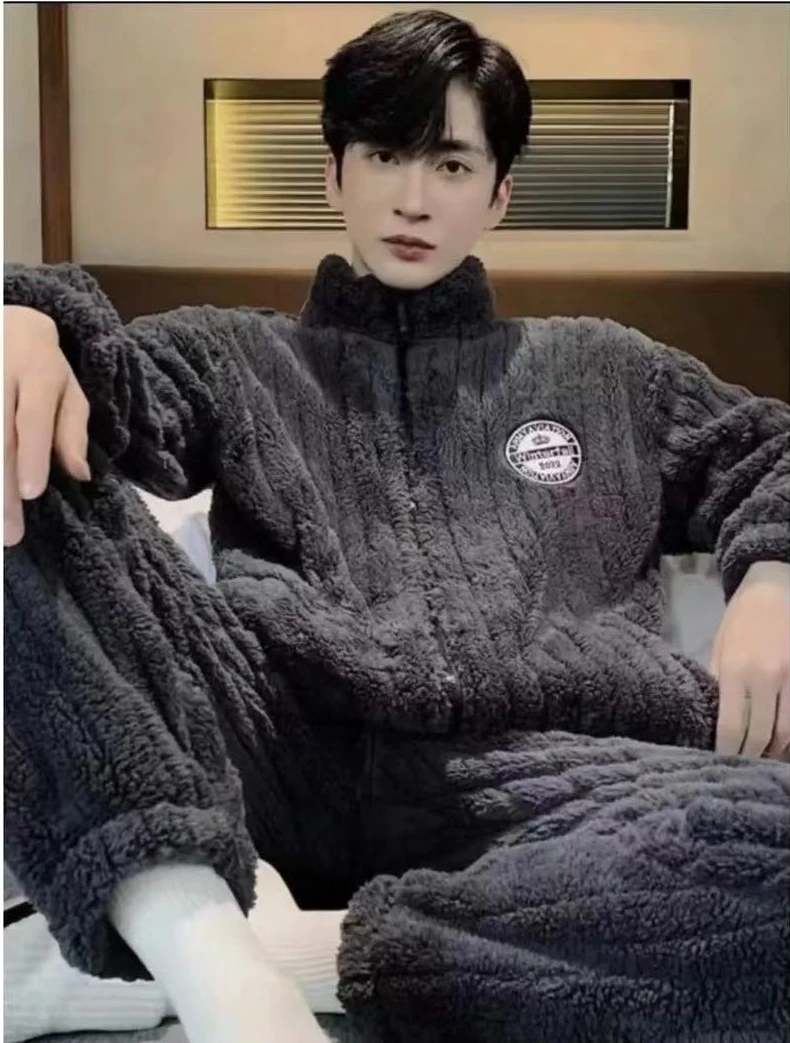 2023新款珊瑚绒拉链款睡衣男士秋冬季加绒加厚家居服套装可外穿