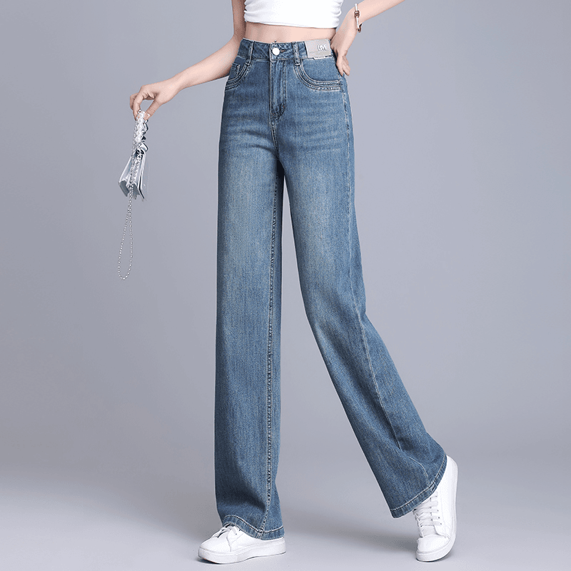 2024正品女士夏季直筒窄版阔腿牛仔裤高腰垂感超薄面料高端牛仔裤