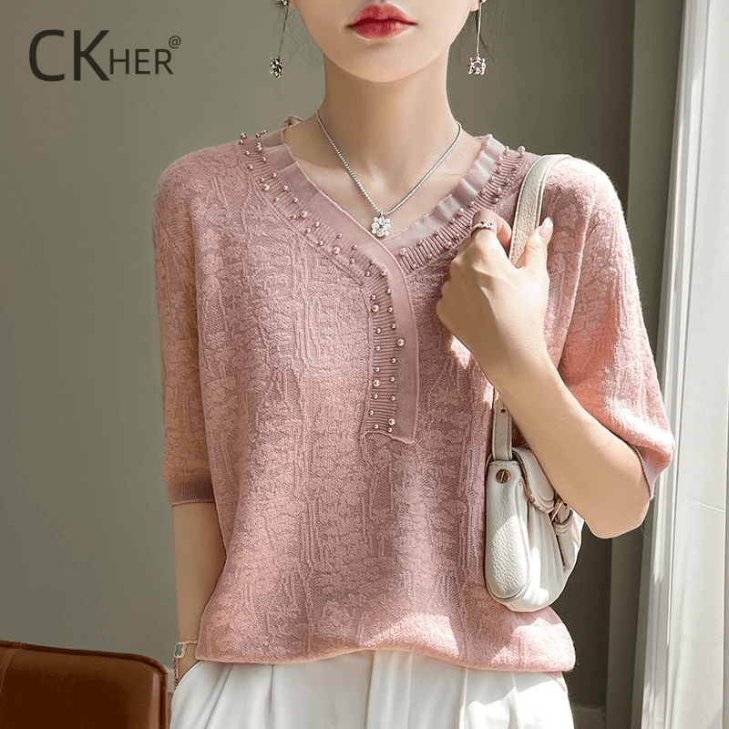 CKHER夏季薄款钉珠蕾丝钩花桑蚕丝短袖提花宽松款新中式国风V领女