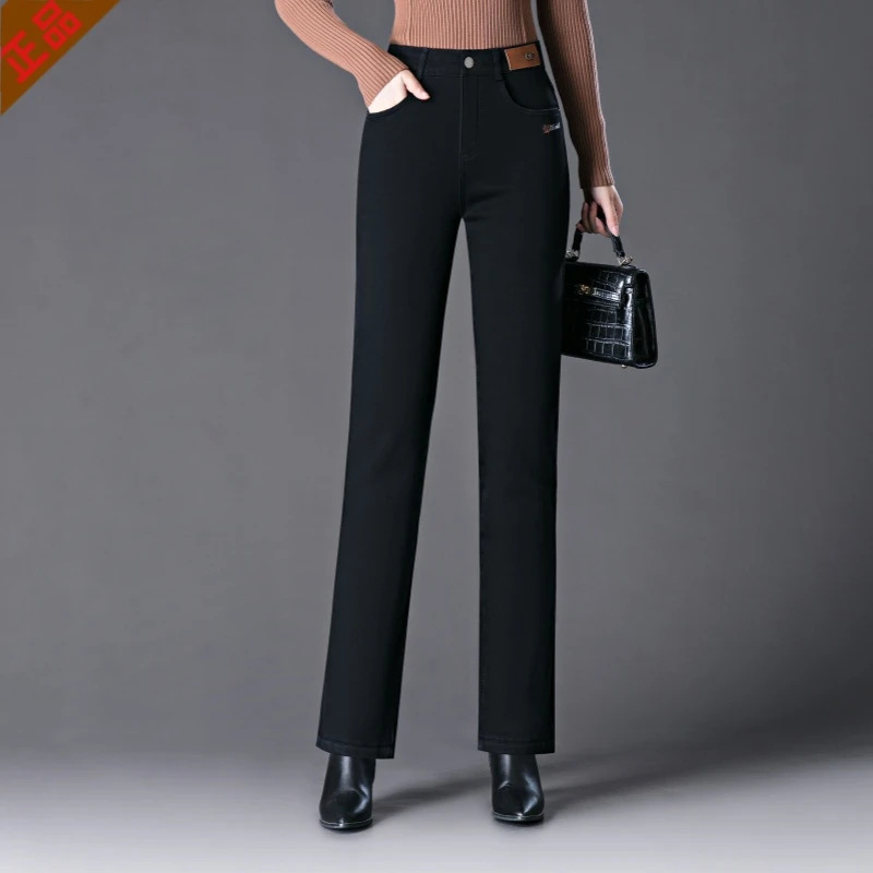 正品高档冬季加绒牛仔裤女2025爆款烟管裤直筒修身显瘦大码牛仔裤