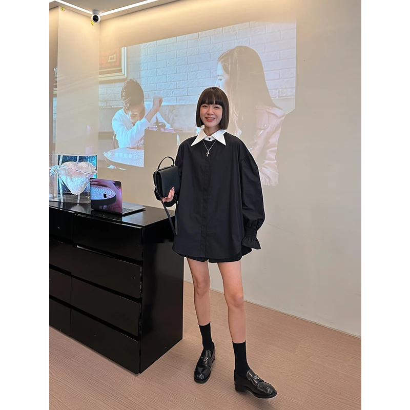 YIYISTUDIO 2023秋冬新款女上衣撞色领百搭短外套衬衫 YYSH99135