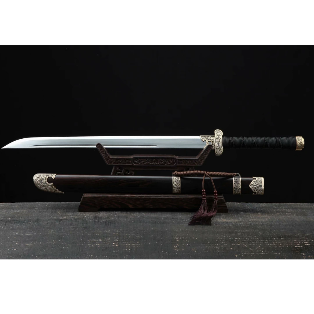 【30】中款黑今古刀纯铜黑檀木花纹钢一体摆件唐横刀剑未开刃