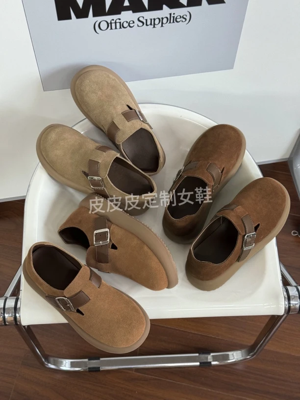 【皮皮家】2024秋季时尚休闲一脚蹬真皮百搭软底厚底圆头系带勃肯鞋