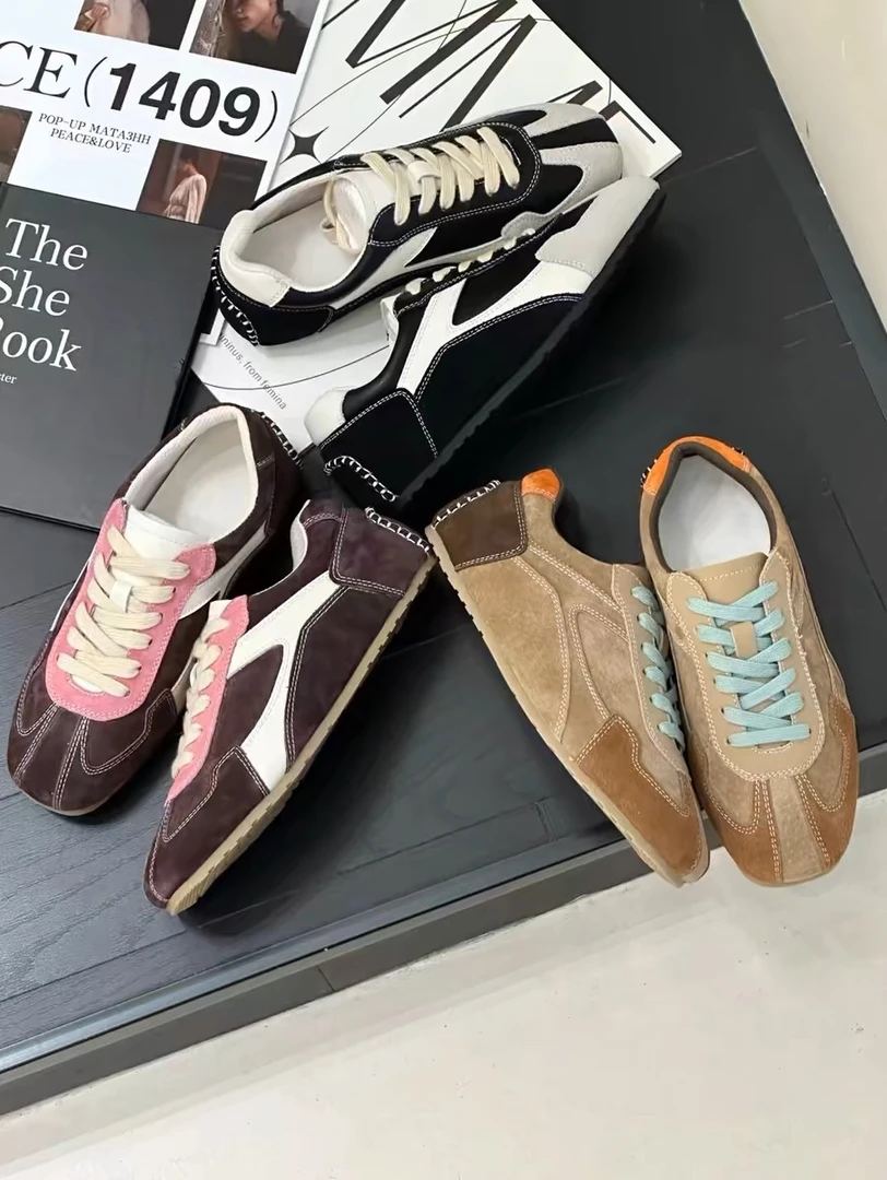 丁达尔复古德训鞋拼色平底内增高牛反绒女2024秋季新款阿甘运动