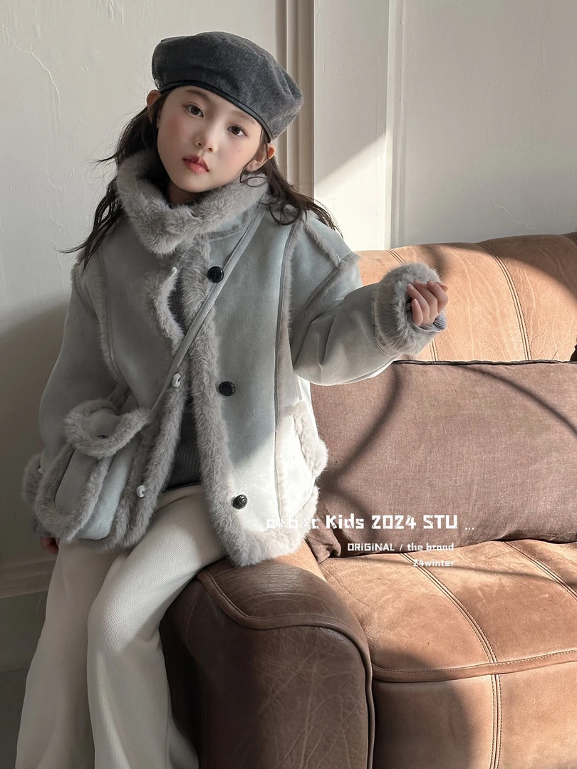 女童毛毛外套冬季新款中大童加绒加厚保暖时尚潮流