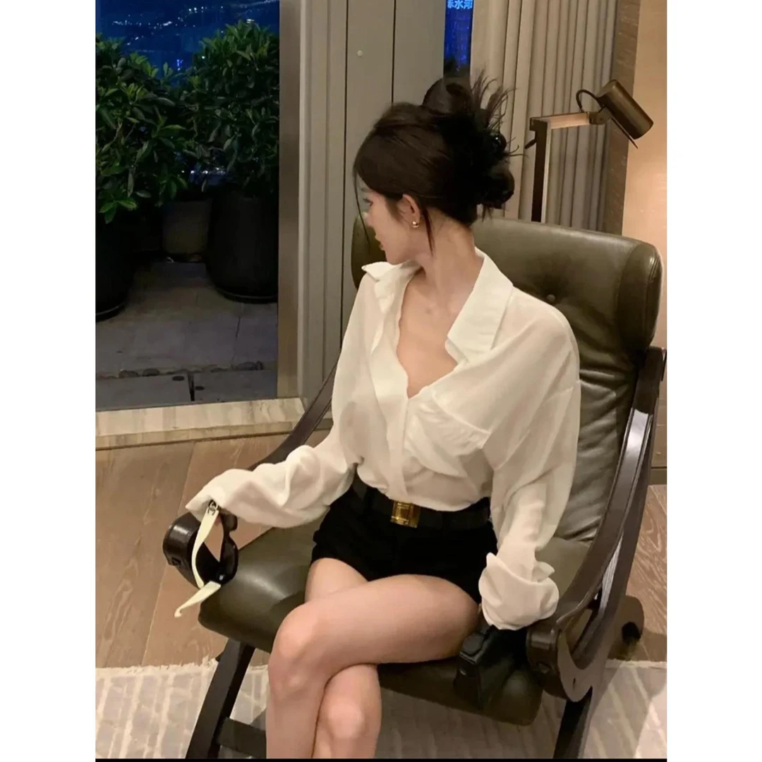 微透慵懒风薄款长袖衬衫宽松休闲口袋衬衣+短裤套装配腰带轻熟风