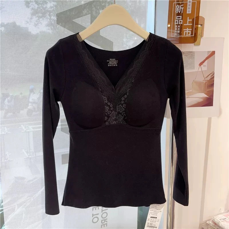 6897杨老板精选冬季v领蕾丝花边磨毛胸垫款打底内衣