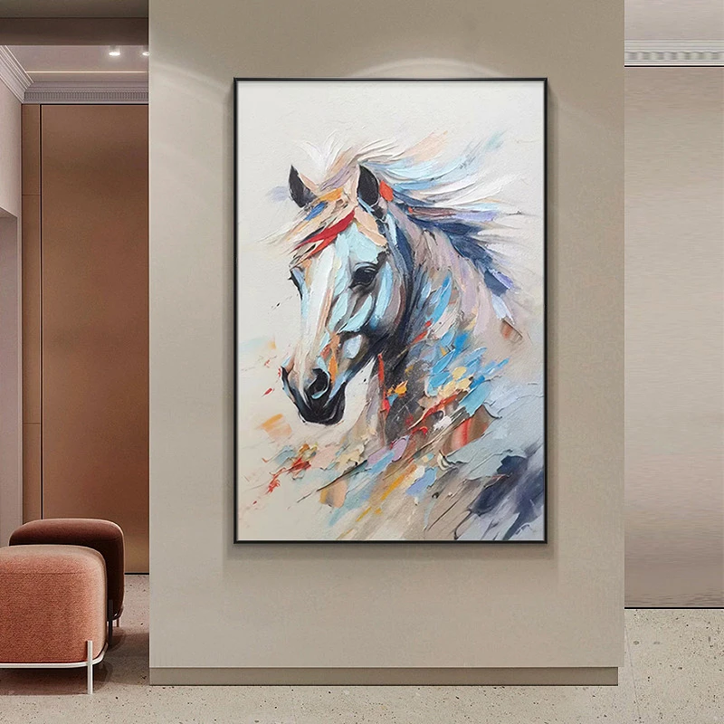 手工砂岩油画马现代轻奢玄关挂画走廊过道尽头装饰画马80120