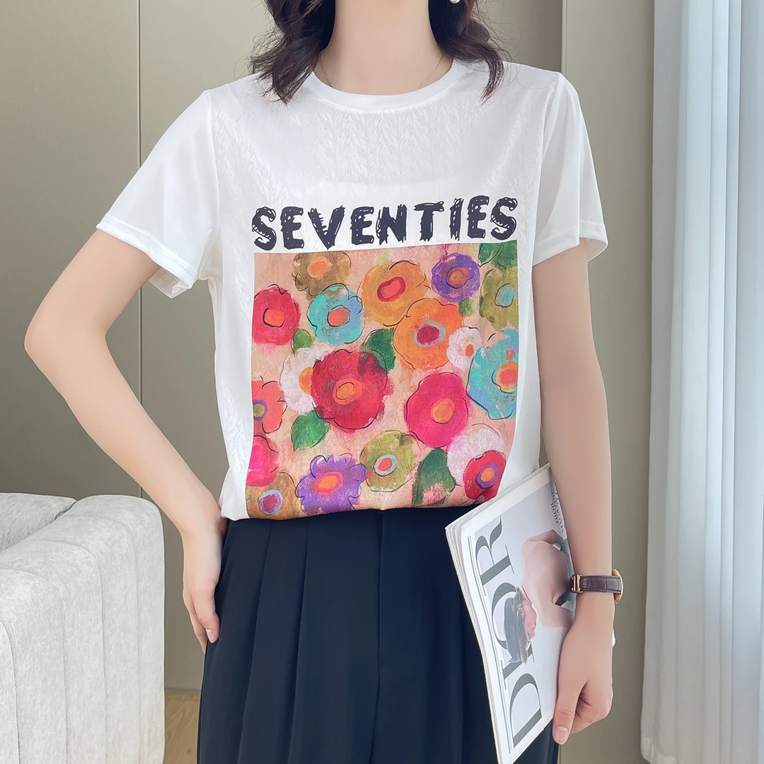 1400夏季丝滑缎面冰凉感女半袖T恤洋气AB拼接短袖