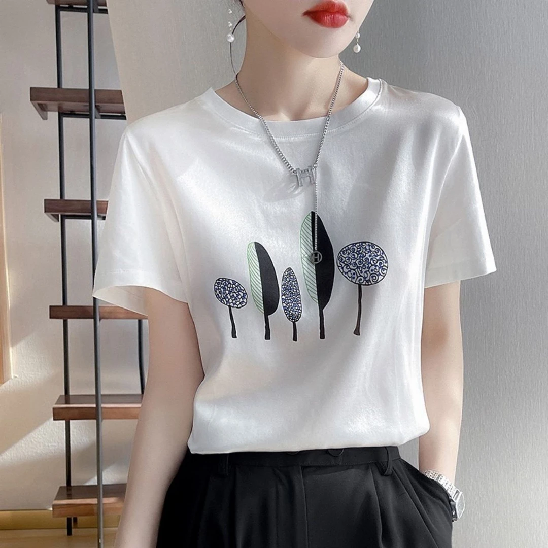 1000夏丝滑缎面冰凉感百搭时尚设计休闲女半袖T恤洋气AB拼接短袖