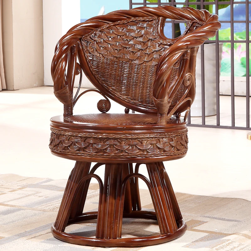 家用客厅靠背椅子阳台桌藤条单人旋转民宿真藤编桌椅中式办公藤椅
