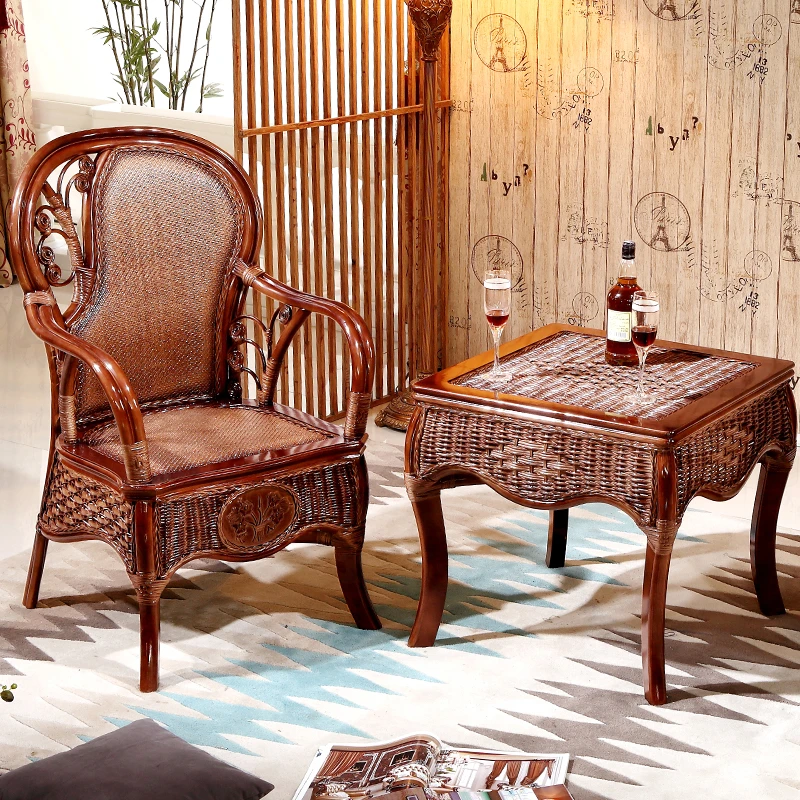 家用客厅藤椅民宿藤条藤艺休闲庭院阳台桌椅单人真藤编织椅子中式