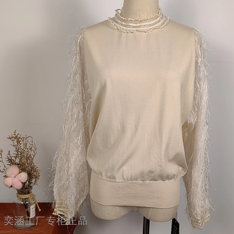 ins春秋女领口镂空毛衫拼毛须袖小个显瘦打底外穿针织上衣