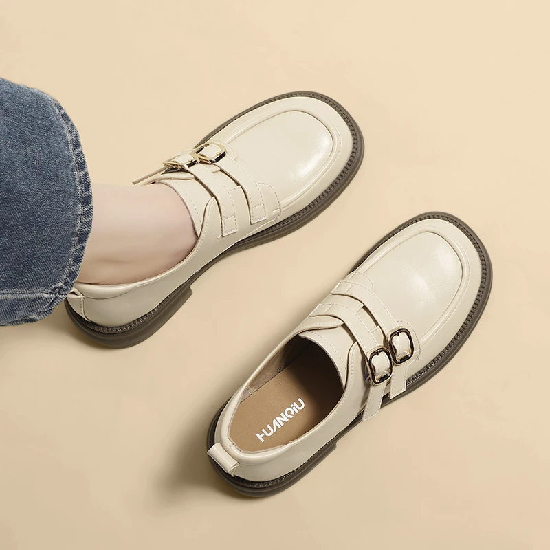 环球百搭小皮鞋女秋冬季2023新款韩版粗跟玛丽珍鞋厚底增高乐福鞋