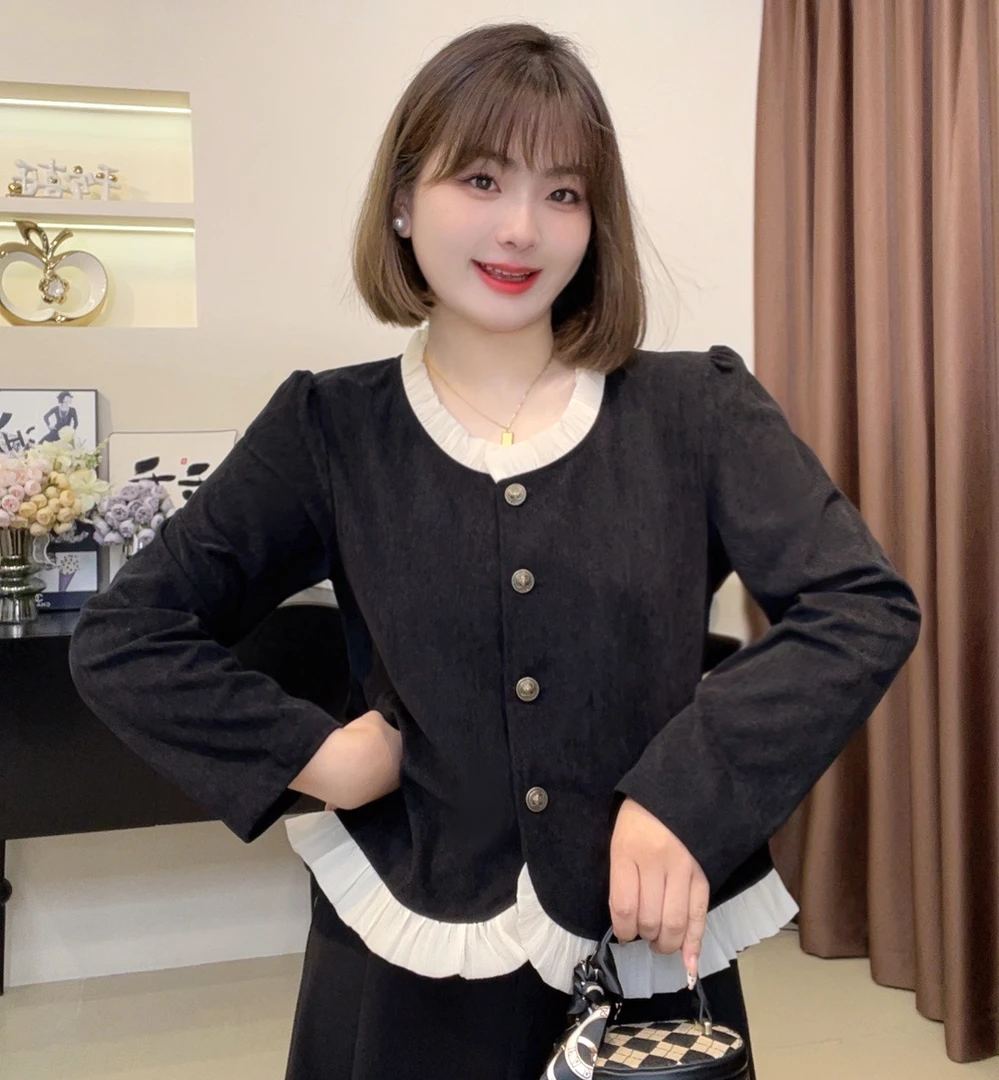新款2025大码女装显瘦荷叶边拼接长袖洋气百搭小香风衬衫上衣