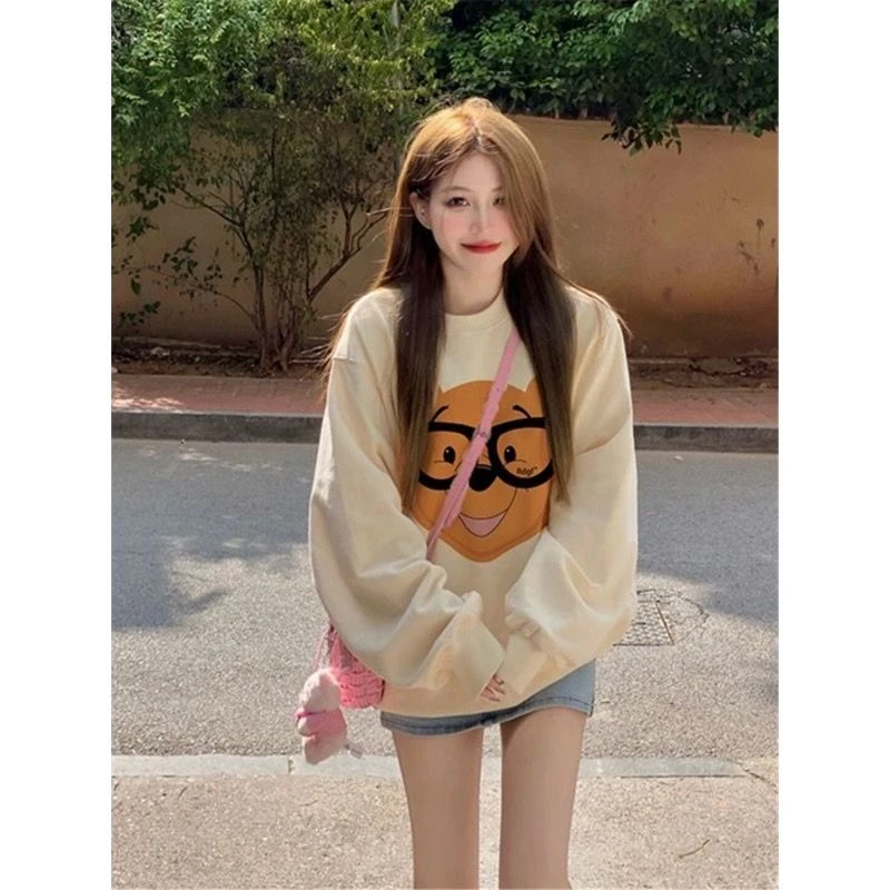 杏色国风加绒卫衣女款秋冬2023新款爆款小个子慵懒风加厚圆领上衣