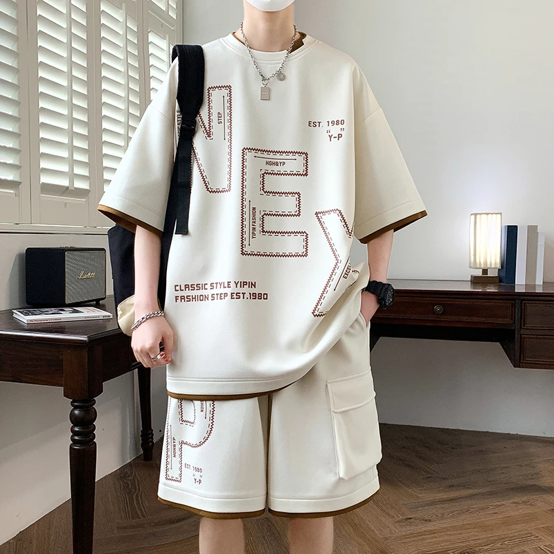 男生夏季新款百搭上衣纯色简约字母印花休闲宽松半袖T恤两件套ins