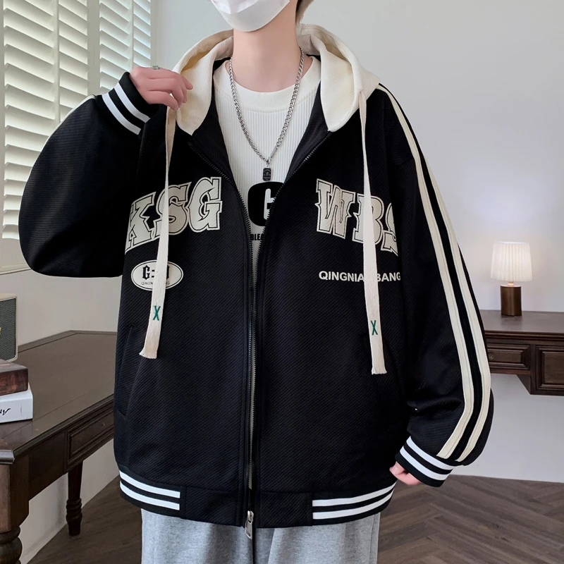 秋季新款潮流港风青少年休闲百搭外套字母印花连帽拉链舒适夹克