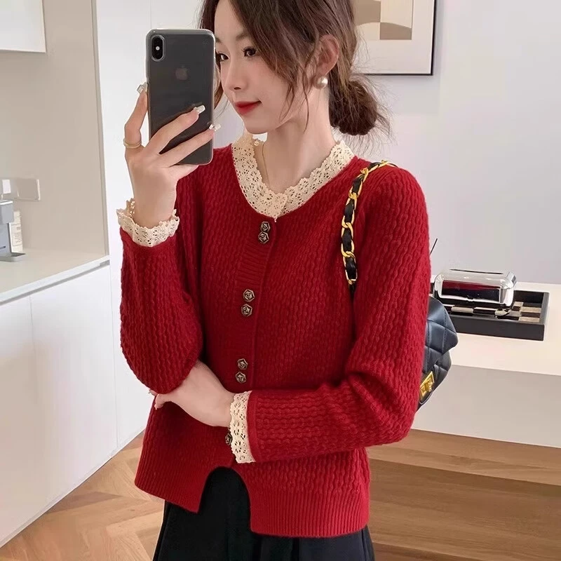 新年红色蕾丝边针织开衫女秋冬新款洋气百搭休闲内搭上衣潮