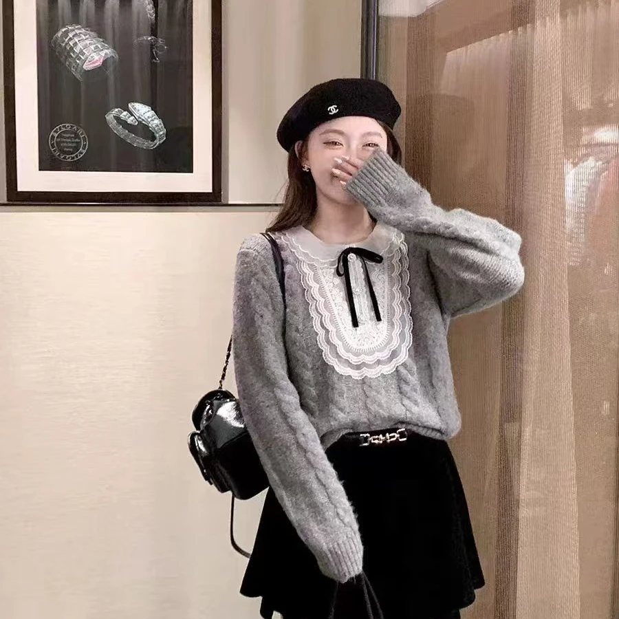 秋冬羊毛复古慵懒风蝴蝶结宽松套头麻花时尚针织衫高级感百搭