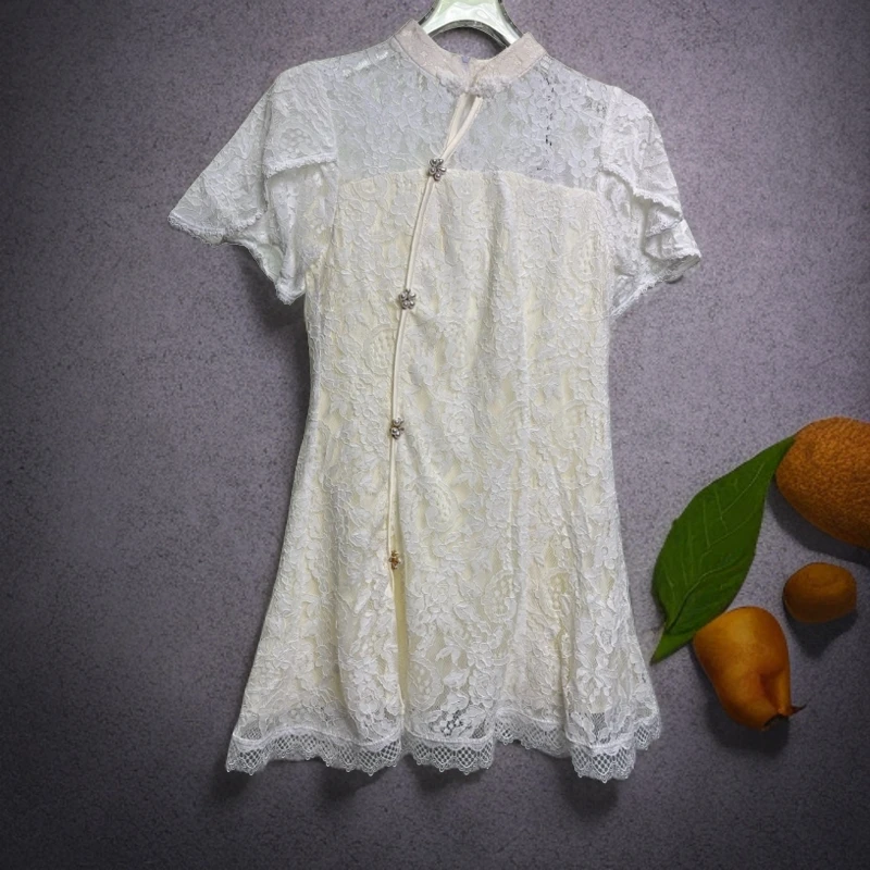 红牌蕾丝提花中国风旗袍裙