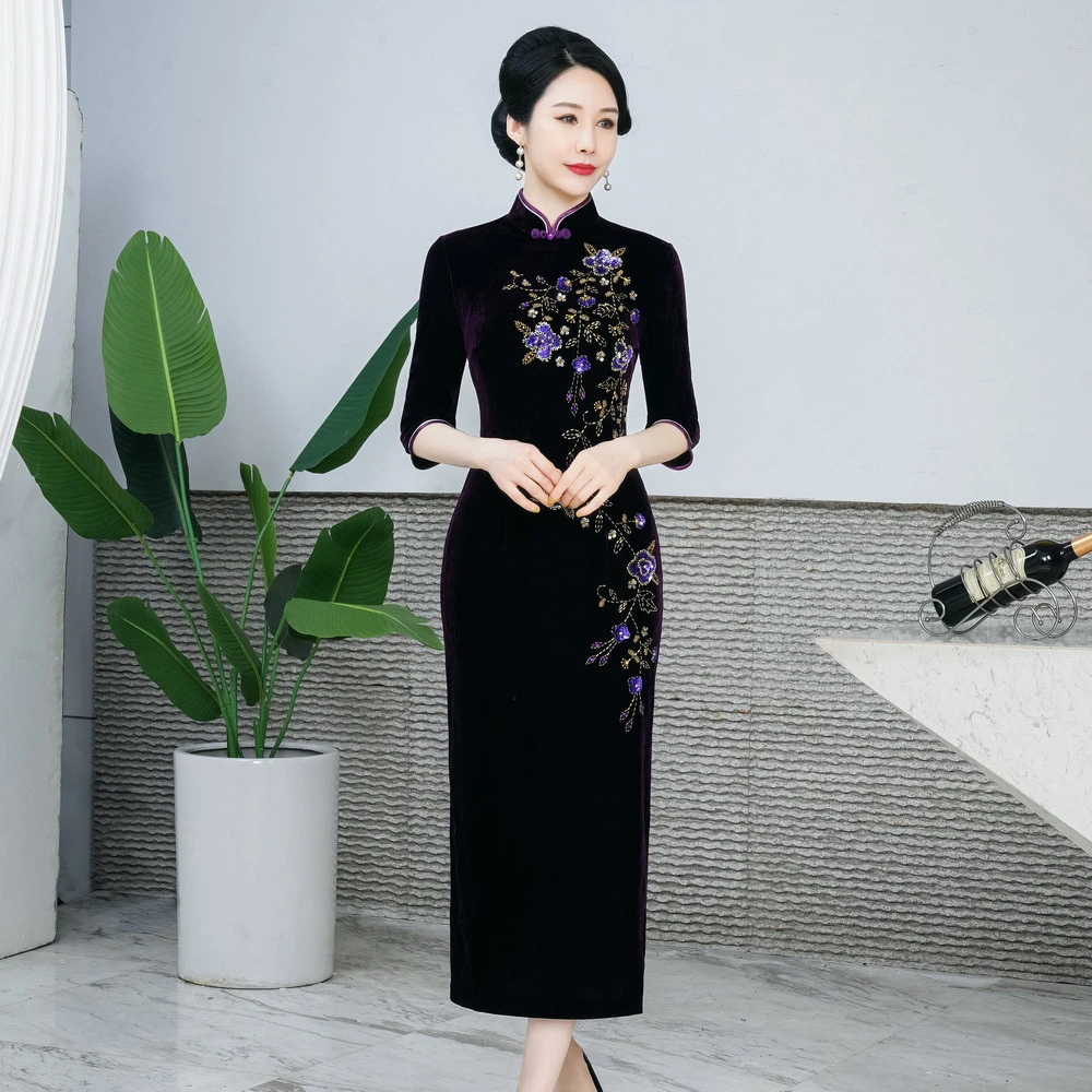 F21-秋装新款改良丝绒旗袍女长款气质喜婆婆婚敬酒服七分袖中国风