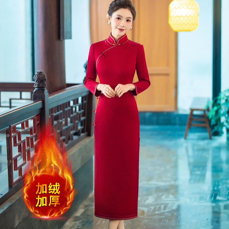 C32高端加绒加厚喜婆婆旗袍冬季2024中国风旗袍气质喜妈妈婚宴装