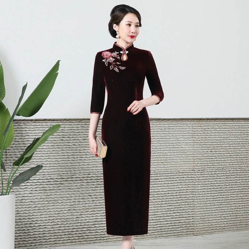 812春秋新款丝绒复古改良中国风旗袍长款修身喜婆婆婚宴装女装