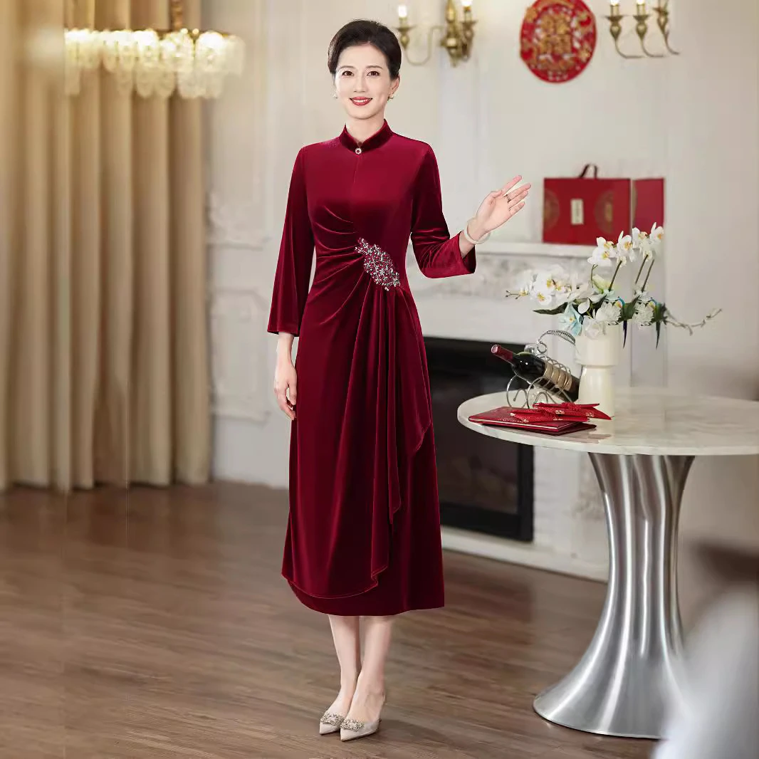 K78大码新款2025秋冬中国风旗袍修身喜妈妈喜婆婆晚礼服裙日常6XL