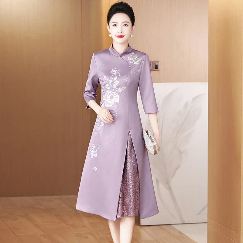 J218春秋2025新款绣花中长款年轻喜婆婆旗袍高贵显气质婚宴晚礼服