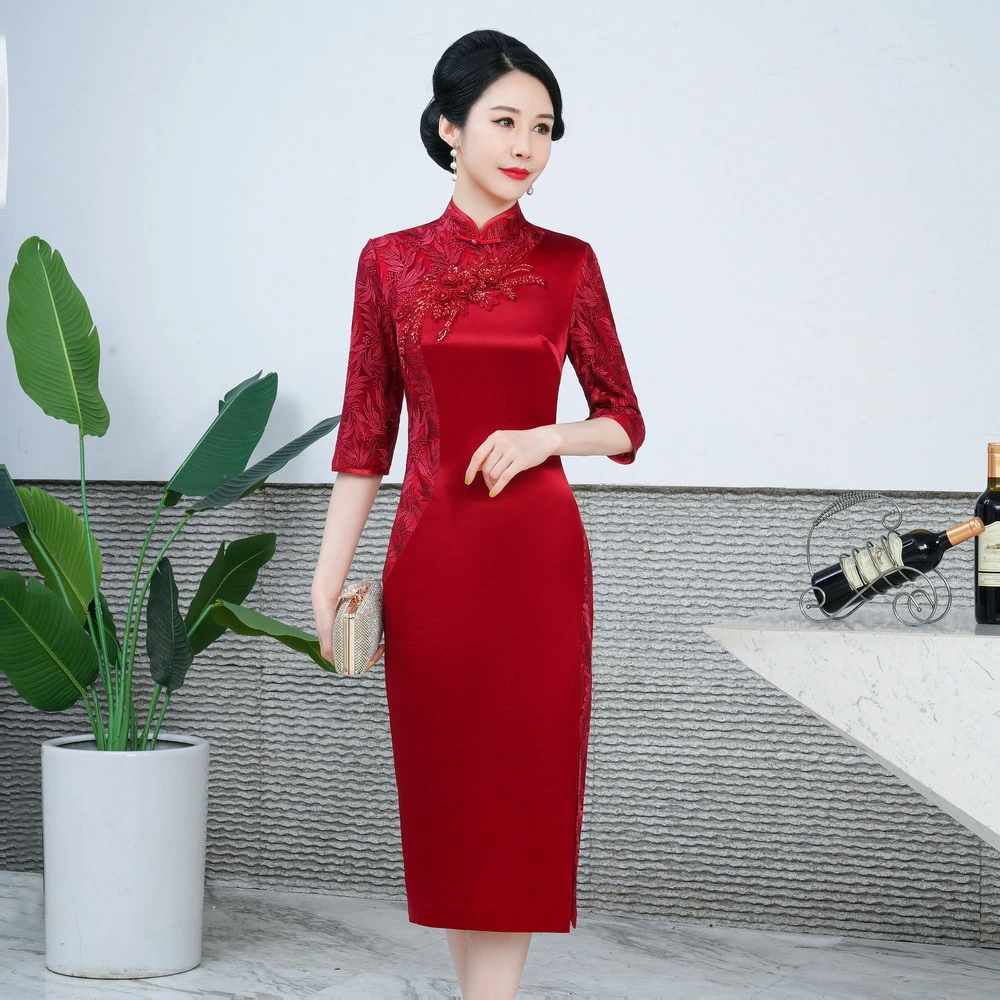 F15-2024秋季新款醋酸拼蕾丝改良旗袍连衣裙敬酒妈妈装时尚复古