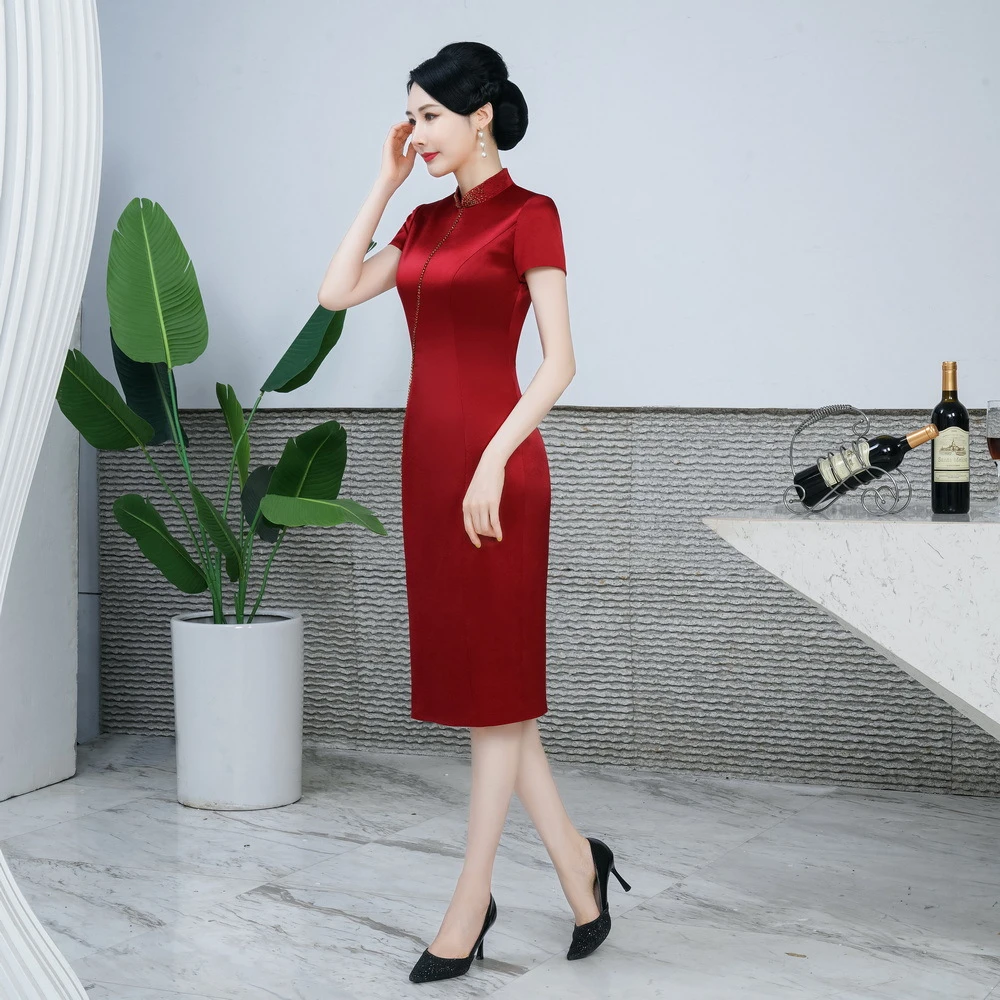 F28-2024秋装新款醋酸面料改良修身旗袍喜婆婆妈妈装高档婚礼服