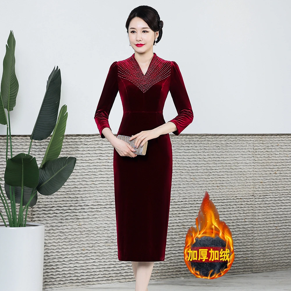 863秋冬新款23时尚修身丝绒旗袍连衣裙加绒改良气质中长款日常装