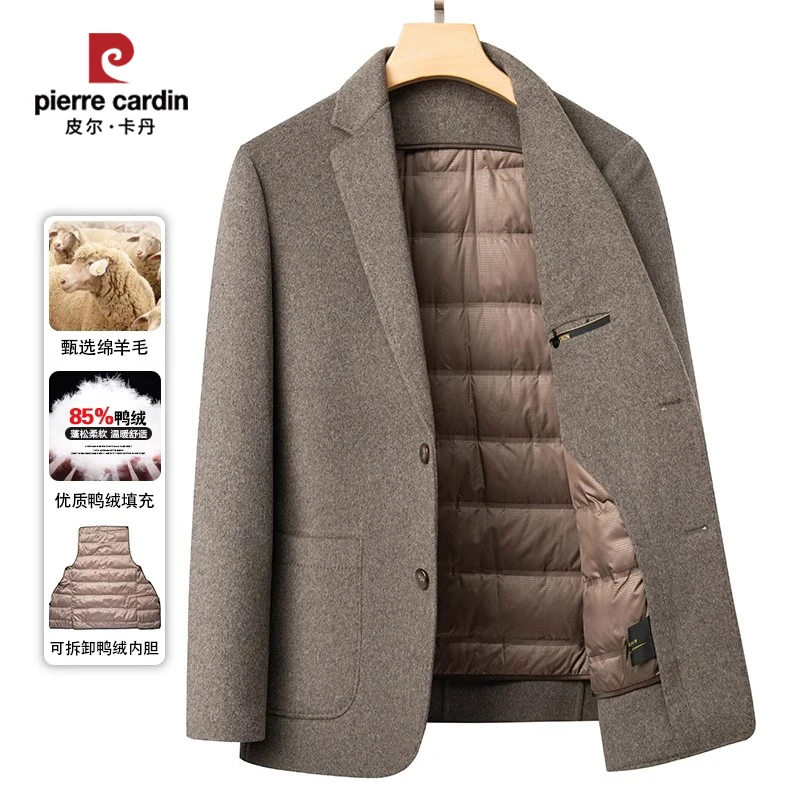 皮尔卡丹男士羊毛西服冬季加厚羽绒内胆保暖休闲西装双面呢子外套