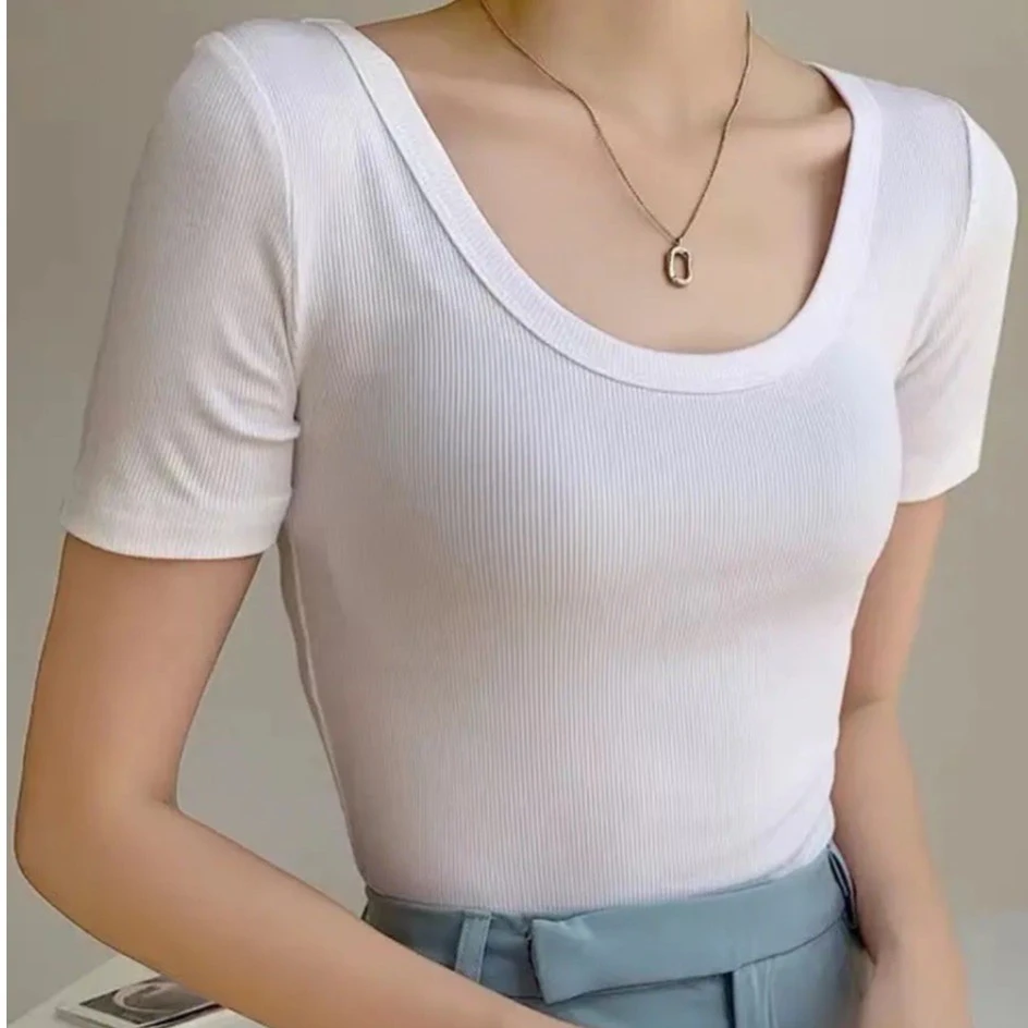 紧身U领打底针织衫女士早春新款街修身显瘦正肩T恤上衣