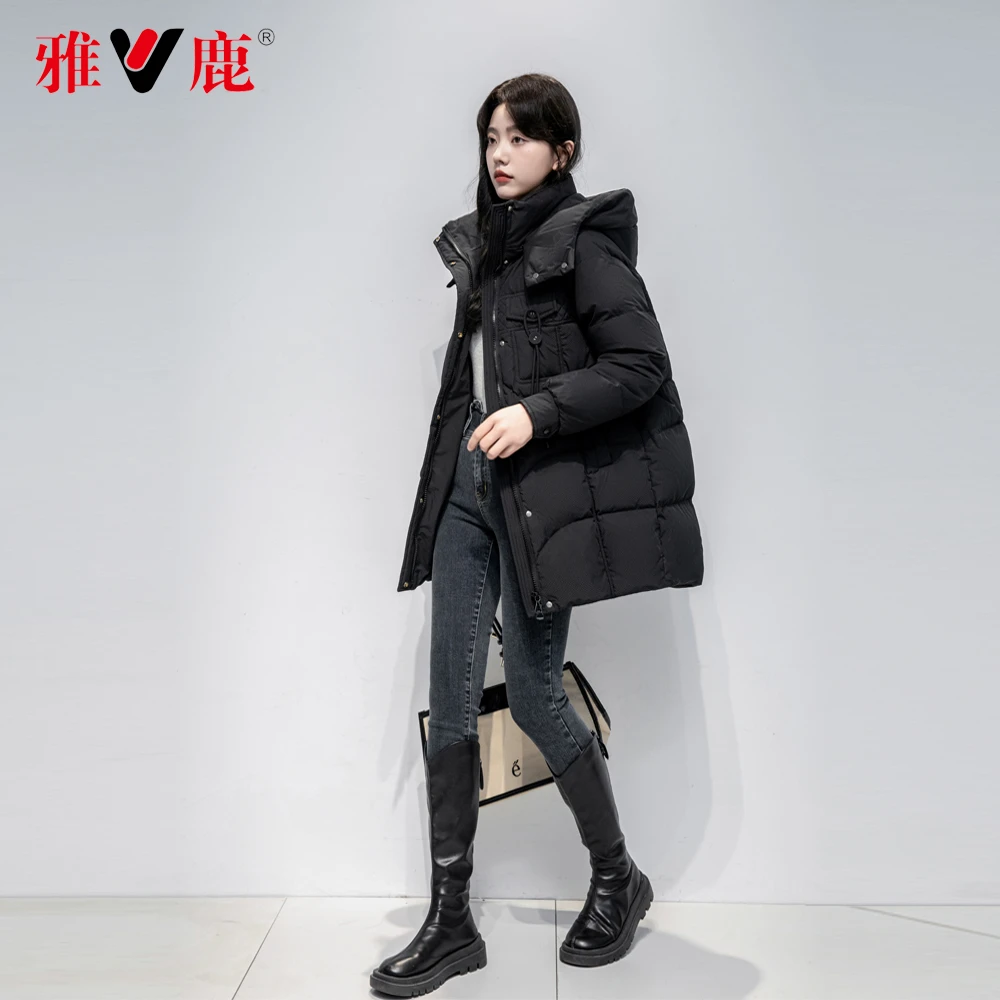 V/雅鹿百搭时尚休闲连帽90加厚冬季潮流保暖显瘦女士中长款羽绒服